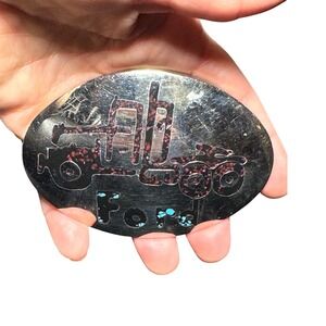 Oval Ford Truck Belt‎ Buckle Silver Tone Turquoise Inlay